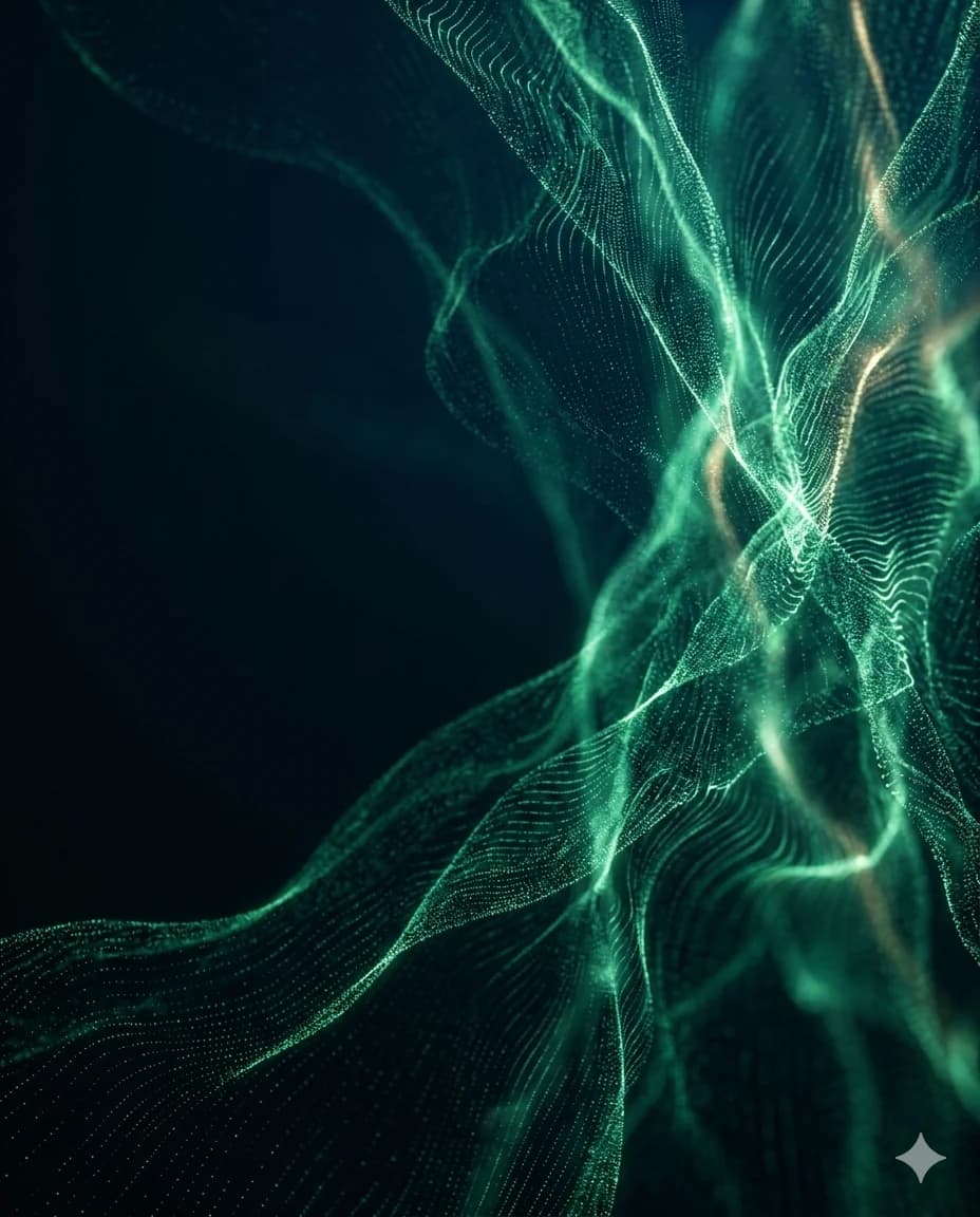 Abstract emerald particle waves: a visualisation of AI-driven data flow